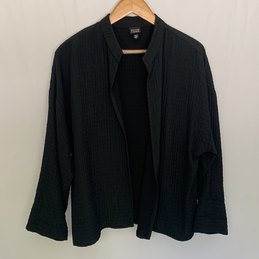 Eileen Fisher Open Front Textured Black Blazer Size Large